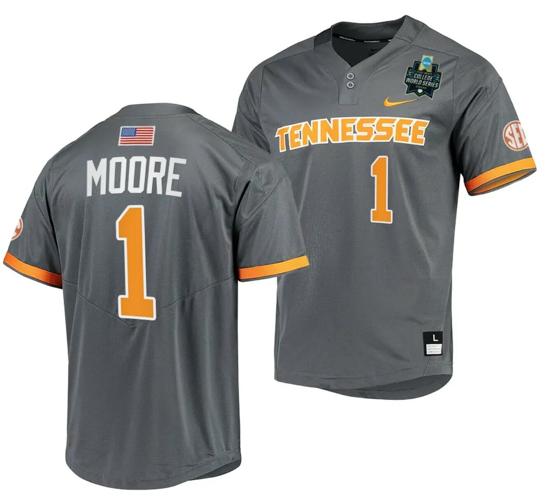 Men's Christian Moore Jersey Tennessee Volunteers #1 Gray 2023 NCAA Baseball College World Series OMAHA 8