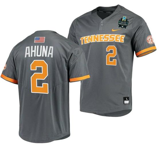 Men's Maui Ahuna Jersey Tennessee Volunteers #2 Gray 2023 NCAA Baseball College World Series OMAHA 8