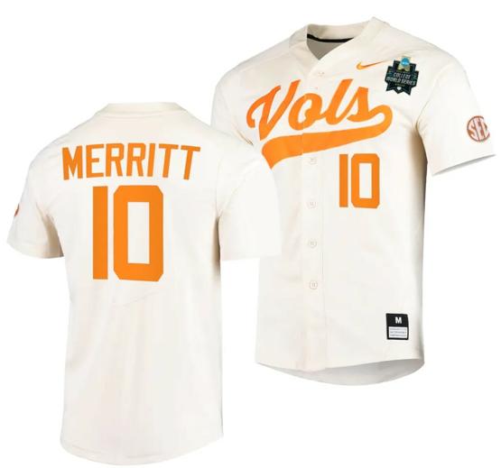 Men's Griffin Merritt Jersey Tennessee Volunteers #10 Natural 2023 NCAA Baseball College World Series OMAHA 8