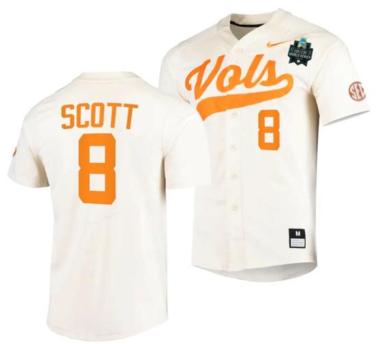 Men's Christian Scott Jersey Tennessee Volunteers #8 Natural 2023 NCAA Baseball College World Series OMAHA 8