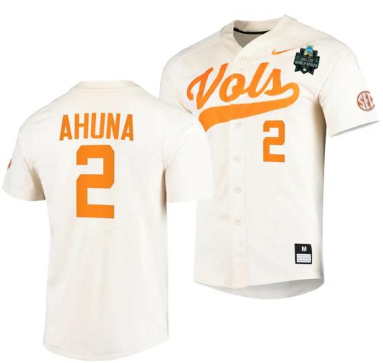 Men's Maui Ahuna Jersey Tennessee Volunteers #2 Natural 2023 NCAA Baseball College World Series OMAHA 8