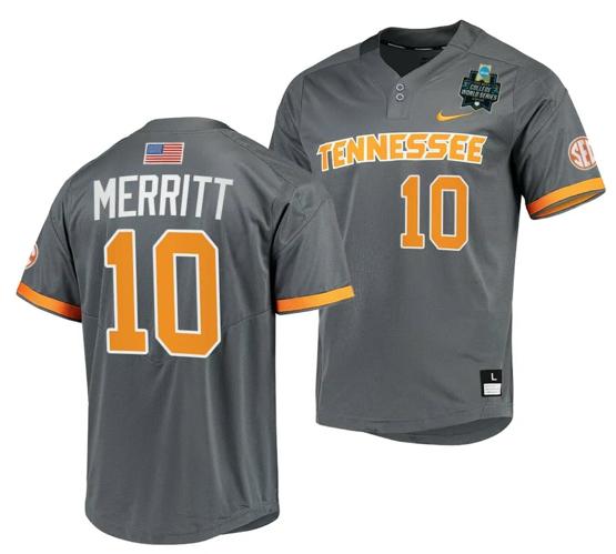 Men's Griffin Merritt Jersey Tennessee Volunteers #10 Gray 2023 NCAA Baseball College World Series OMAHA 8