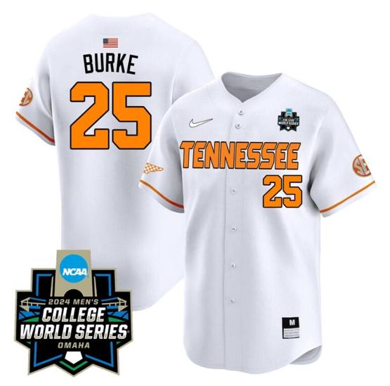 Men's Blake Burke Jersey #25 Tennessee Volunteers 2024 College World Series Patch Vapor Premier Limited NCAA Baseball Stitched White