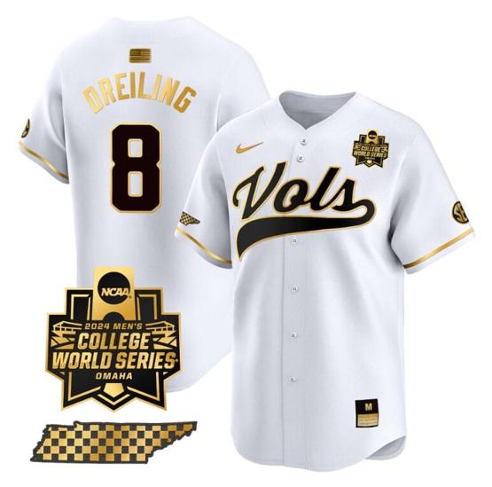 Men's Dylan Dreiling Jersey #8 Tennessee Volunteers 2024 College World Series Vapor Premier Limited NCAA Baseball Stitched White Gold