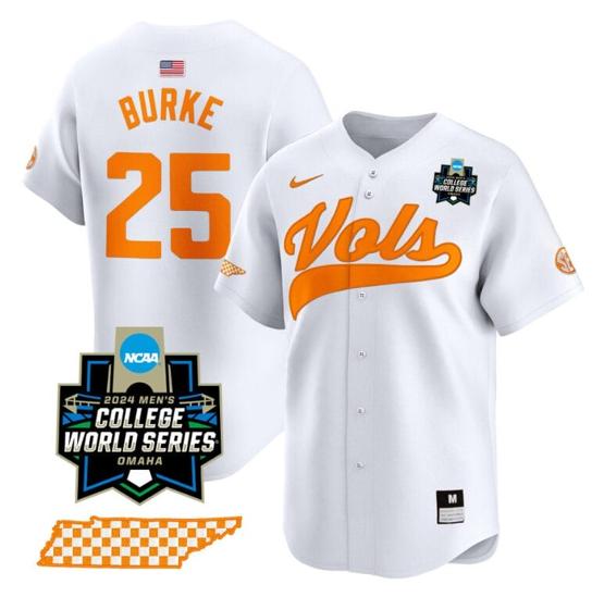 Men's Blake Burke Jersey #25 Tennessee Volunteers 2024 College World Series Vapor Premier Limited NCAA Baseball Stitched White