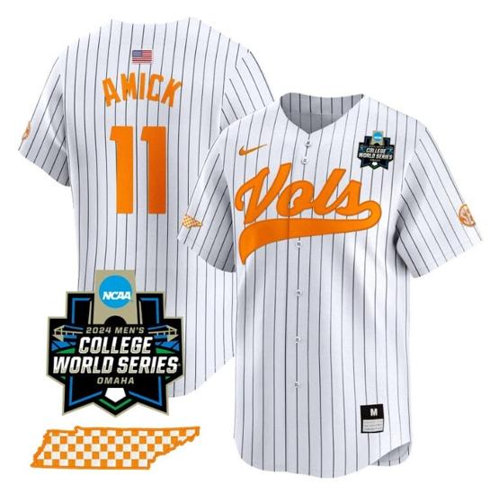 Men's Billy Amick Jersey #11 Tennessee Volunteers 2024 College World Series Vapor Premier Limited NCAA Baseball Stitched Pinstripe