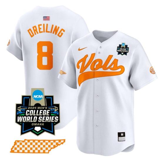 Men's Dylan Dreiling Jersey #8 Tennessee Volunteers 2024 College World Series Vapor Premier Limited NCAA Baseball Stitched White