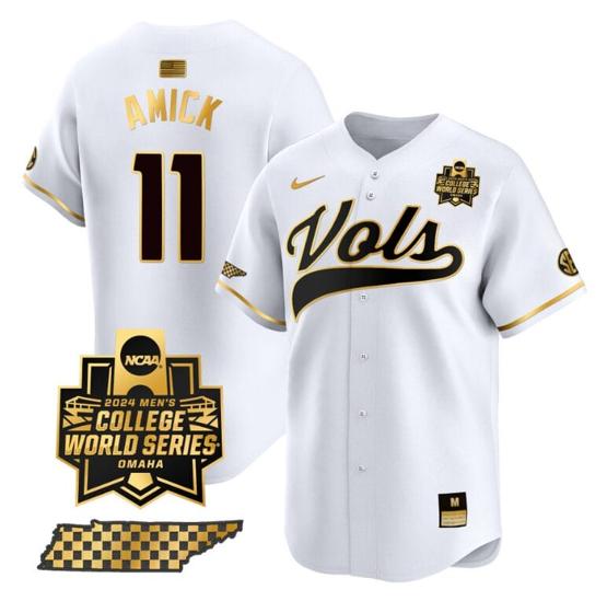 Men's Billy Amick Jersey #11 Tennessee Volunteers 2024 College World Series Vapor Premier Limited NCAA Baseball Stitched White Gold