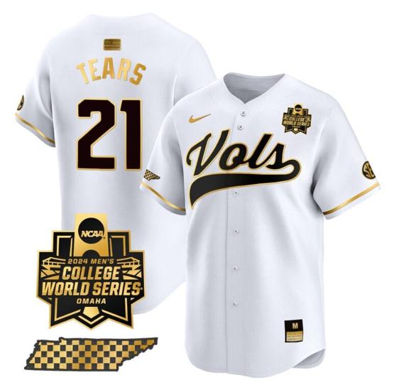 Men's Kavares Tears Jersey #21 Tennessee Volunteers 2024 College World Series Vapor Premier Limited NCAA Baseball Stitched White Gold