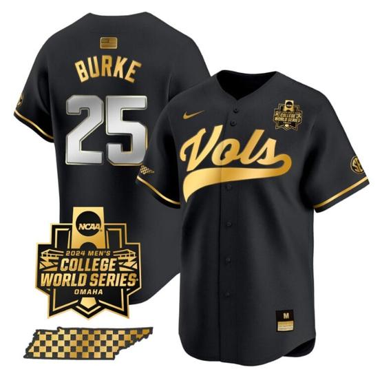 Men's Blake Burke Jersey #25 Tennessee Volunteers 2024 College World Series Vapor Premier Limited NCAA Baseball Stitched Black Gold