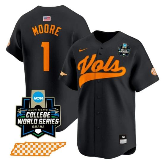 Men's Christian Moore Jersey #1 Tennessee Volunteers 2024 College World Series Vapor Premier Limited NCAA Baseball Stitched Black