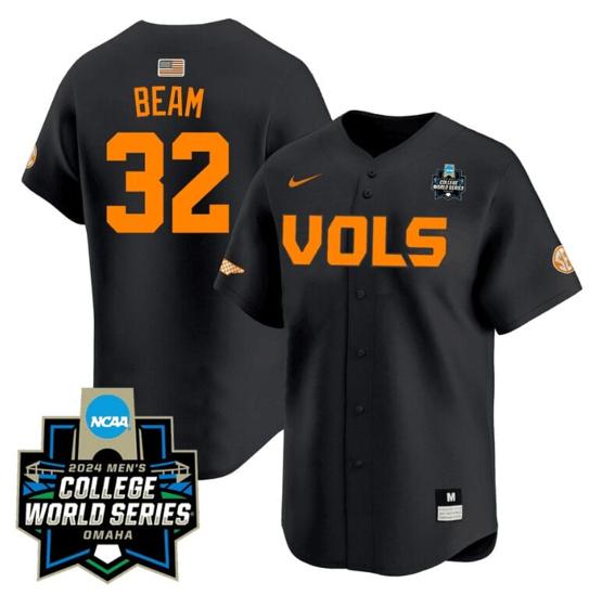 Men's Drew Beam Jersey #32 Tennessee Volunteers 2024 College World Series Patch Vapor Premier Limited NCAA Baseball Stitched Black