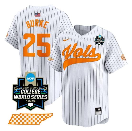 Men's Blake Burke Jersey #25 Tennessee Volunteers 2024 College World Series Vapor Premier Limited NCAA Baseball Stitched Pinstripe