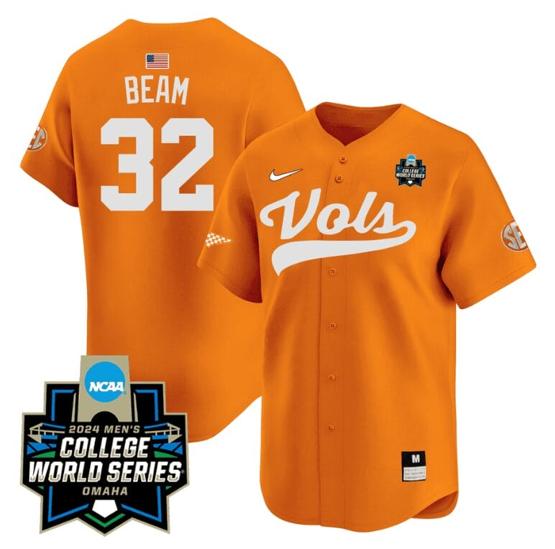 Men's Drew Beam Jersey #32 Tennessee Volunteers 2024 College World Series Patch Vapor Premier Limited NCAA Baseball Stitched Orange