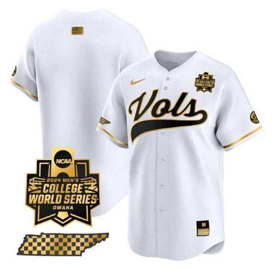 Men's Tennessee Volunteers Team Jersey 2024 College World Series Vapor Premier Limited NCAA Baseball Stitched White Gold