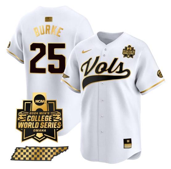 Men's Blake Burke Jersey #25 Tennessee Volunteers 2024 College World Series Vapor Premier Limited NCAA Baseball Stitched White Gold