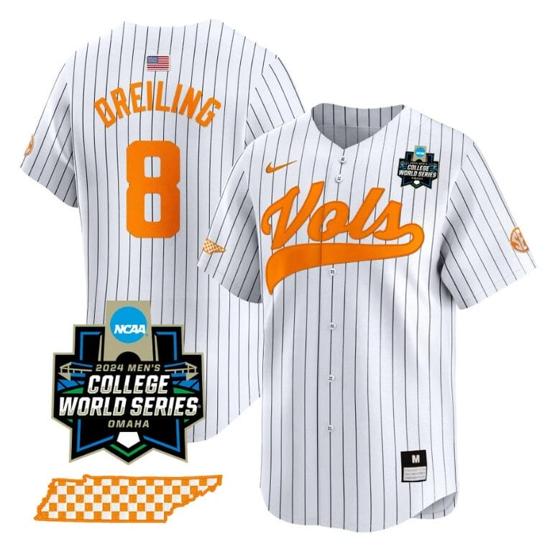 Men's Dylan Dreiling Jersey #8 Tennessee Volunteers 2024 College World Series Vapor Premier Limited NCAA Baseball Stitched Pinstripe