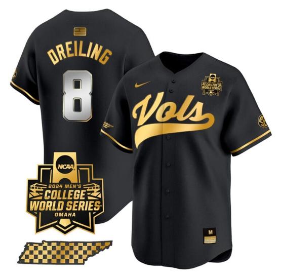 Men's Dylan Dreiling Jersey #8 Tennessee Volunteers 2024 College World Series Vapor Premier Limited NCAA Baseball Stitched Black Gold