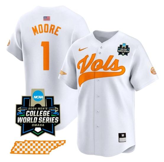 Men's Christian Moore Jersey #1 Tennessee Volunteers 2024 College World Series Vapor Premier Limited NCAA Baseball Stitched White