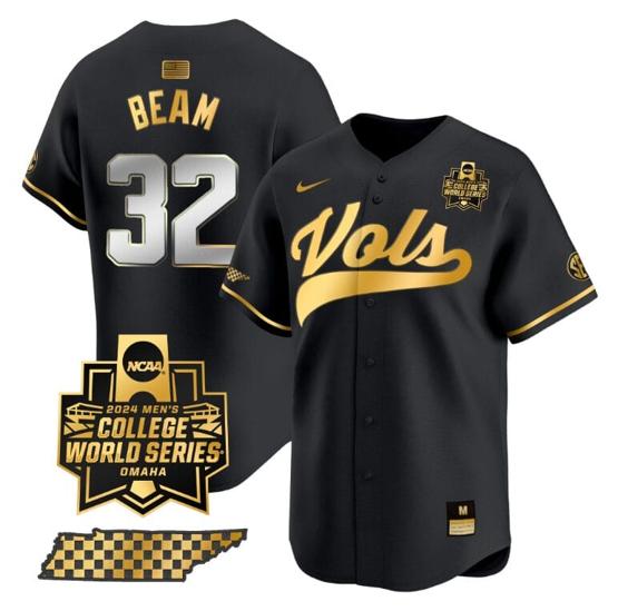 Men's Drew Beam Jersey #32 Tennessee Volunteers 2024 College World Series Vapor Premier Limited NCAA Baseball Stitched Black Gold