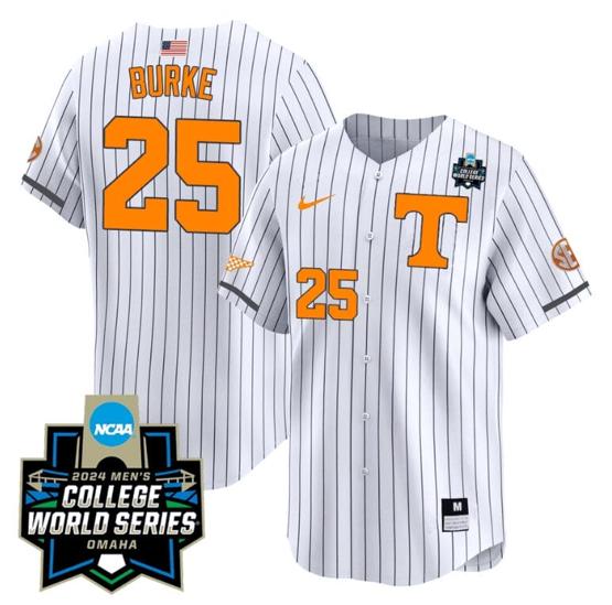 Men's Blake Burke Jersey #25 Tennessee Volunteers 2024 College World Series Patch Vapor Premier Limited NCAA Baseball Stitched Pinstripe