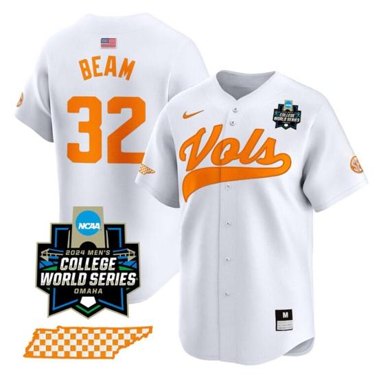 Men's Drew Beam Jersey #32 Tennessee Volunteers 2024 College World Series Vapor Premier Limited NCAA Baseball Stitched White