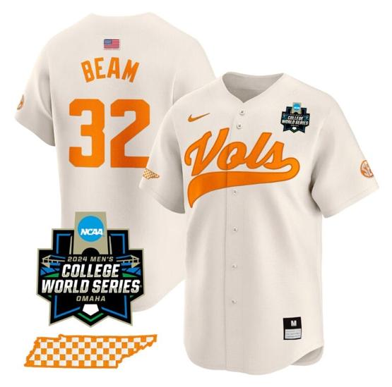 Men's Drew Beam Jersey #32 Tennessee Volunteers 2024 College World Series Vapor Premier Limited NCAA Baseball Stitched Cream