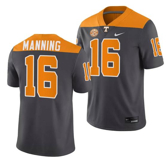 Men's Tennessee Volunteers #16 Peyton Manning Jersey 2023 Artful Dodger Smokey Grey Alternate Football