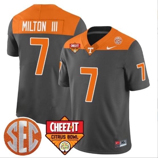 Men's Joe Milton III Jersey #7 Tennessee Volunteers Football Cheez It Citrus Bowl Patch Gray