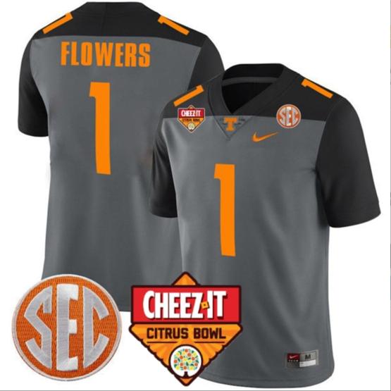 Men's Trevon Flowers Jersey #1 Tennessee Volunteers Football Cheez It Citrus Bowl Patch Smoke Gray