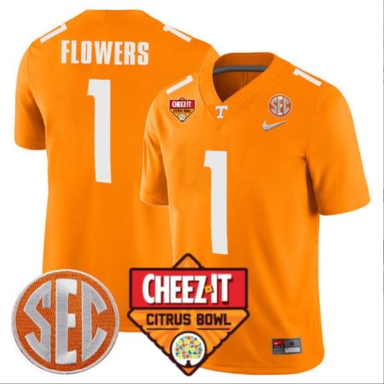 Men's Trevon Flowers Jersey #1 Tennessee Volunteers Football Cheez It Citrus Bowl Patch Orange