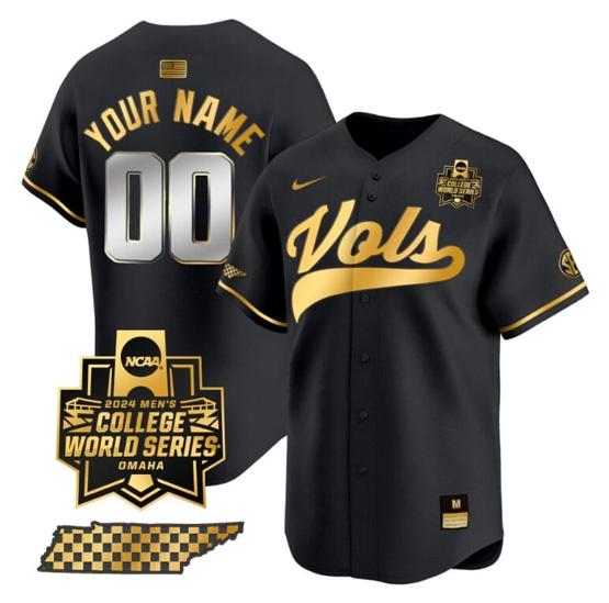 Men's Custom Tennessee Volunteers Jersey 2024 College World Series Vapor Premier Limited V2 NCAA Baseball Stitched Black Gold