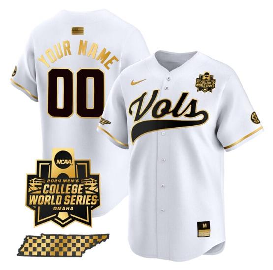 Men's Custom Tennessee Volunteers Jersey 2024 College World Series Vapor Premier Limited V2 NCAA Baseball Stitched White Gold