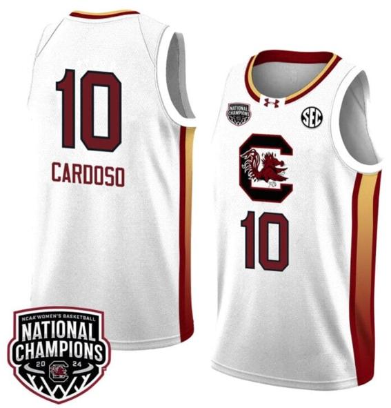 Men's Kamilla Cardoso Jersey #10 South Carolina Gamecocks 2024 NCAA Basketball National Champions White Yellow