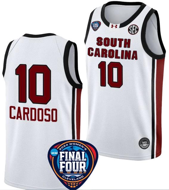 Men's Kamilla Cardoso Jersey #10 South Carolina Gamecocks Basketball 2024 NCAA March Madness Final Four White