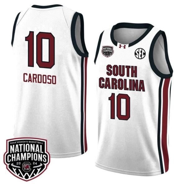 Men's Kamilla Cardoso Jersey #10 South Carolina Gamecocks 2024 NCAA Basketball National Champions White Red