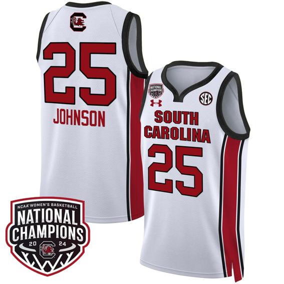 Men's Raven Johnson Jersey #25 South Carolina Gamecocks Basketball 2024 National Champions All Stitched White