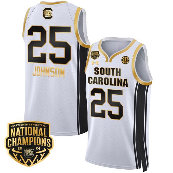 Men's Raven Johnson Jersey #25 South Carolina Gamecocks Basketball 2024 National Champions All Stitched White Gold