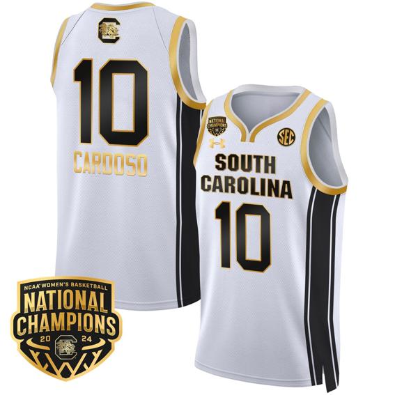 Men's Kamilla Cardoso Jersey #10 South Carolina Gamecocks Basketball 2024 National Champions All Stitched White Gold