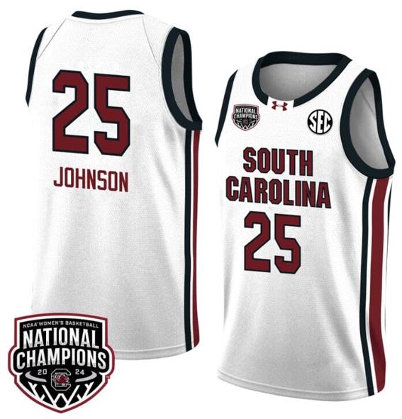 Men's Raven Johnson Jersey #25 South Carolina Gamecocks 2024 NCAA Basketball National Champions White Red