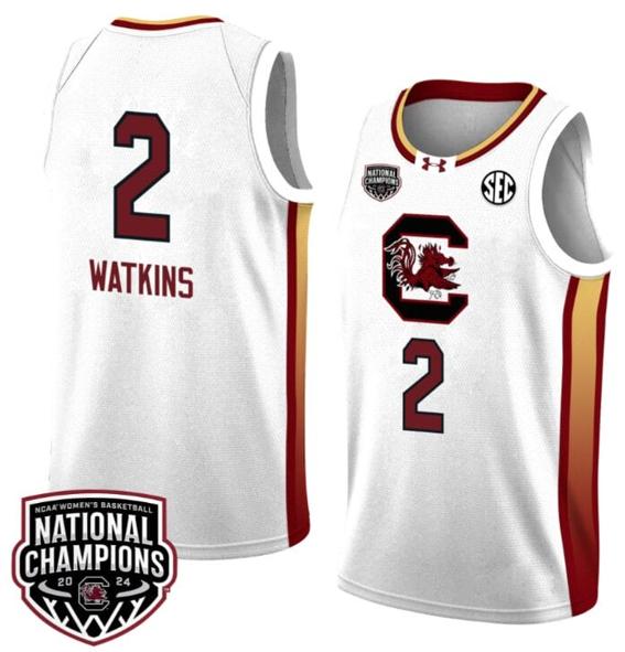 Men's Ashlyn Watkins Jersey #2 South Carolina Gamecocks 2024 NCAA Basketball National Champions White Yellow