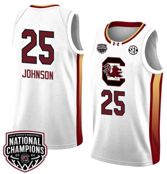 Men's Raven Johnson Jersey #25 South Carolina Gamecocks 2024 NCAA Basketball National Champions White Yellow