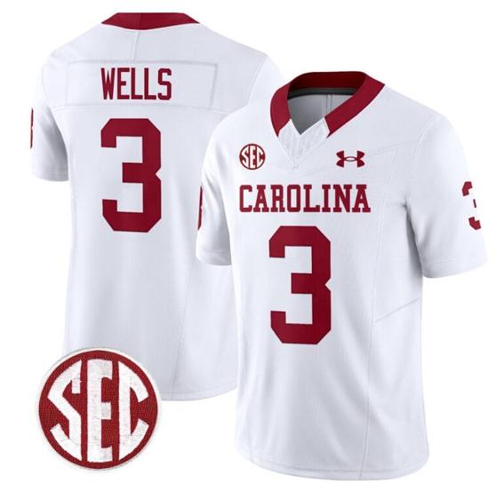 Men's Juice Wells Jersey #3 South Carolina Gamecocks Football 1980 Throwback Vapor Limited SEC Patch White