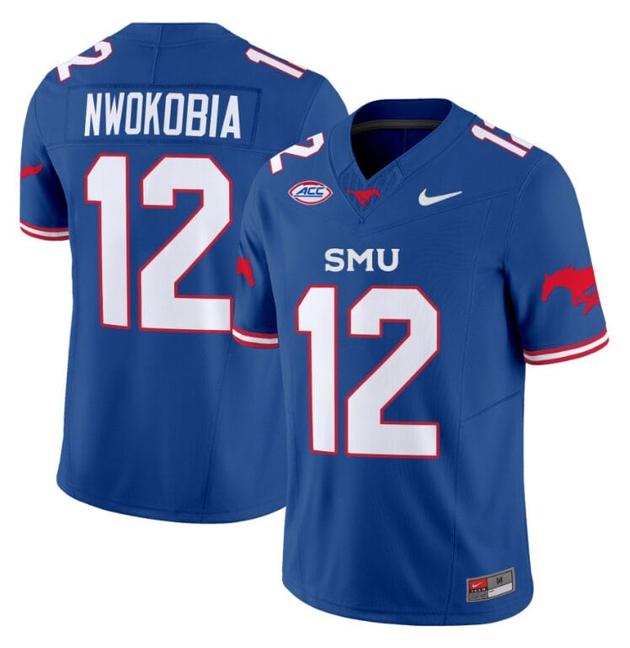 Men's Nike Isaiah Nwokobia Jersey #12 SMU Mustangs Icy College Football Vapor Limited Blue