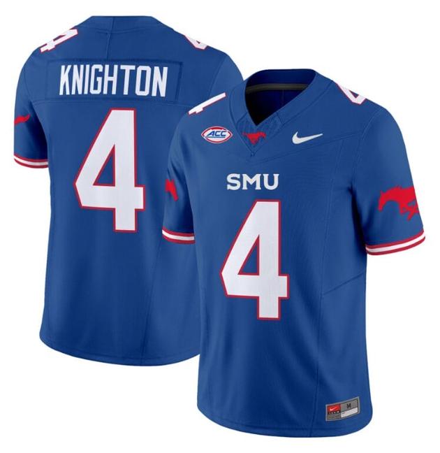 Men's Nike Jaylan Knighton Jersey #4 SMU Mustangs Icy College Football Vapor Limited Blue