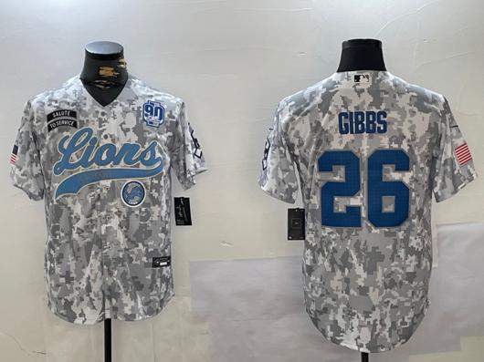 Men's Detroit Lions #26 Jahmyr Gibbs 2024 Arctic Camo Salute To Service 90TH Patch Stitched Baseball Jerseys