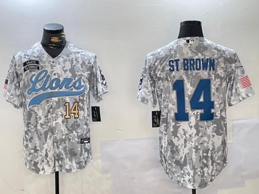 Men's Detroit Lions #14 Amon-Ra St. Brown 2024 Arctic Camo Salute To Service Stitched Baseball Jersey