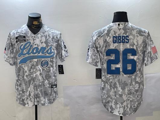 Men's Detroit Lions #26 Jahmyr Gibbs 2024 Arctic Camo Salute To Service Stitched Baseball Jersey