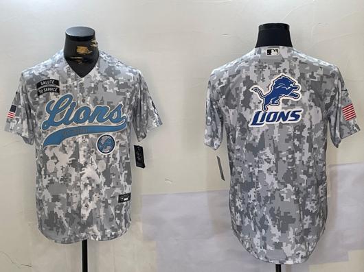 Men's Detroit Lions Team Big Logo 2024 Arctic Camo Salute To Service Stitched Baseball Jersey