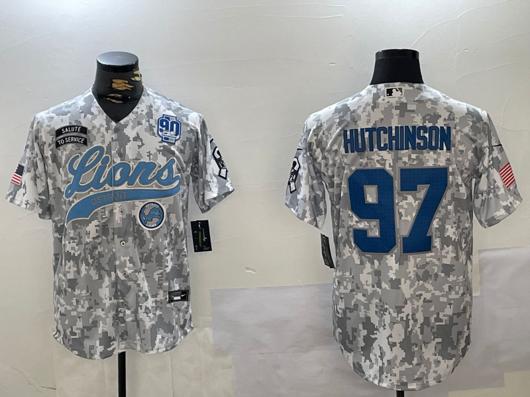 Men's Detroit Lions #97 Aidan Hutchinson 2024 Arctic Camo Salute To Service 90TH Patch Stitched Baseball Jersey